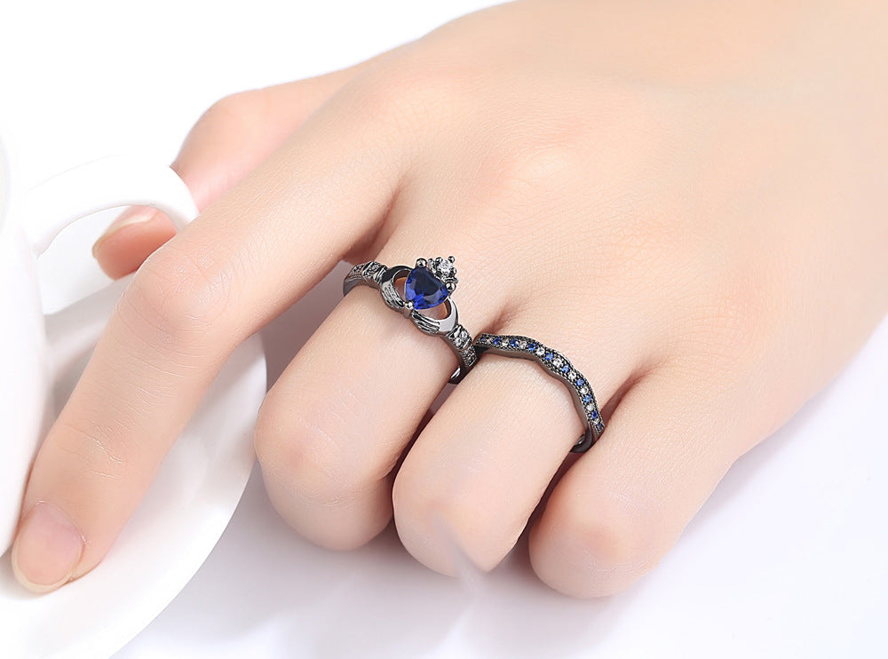 Black Double Ring Set Made with Blue Premium Crystal