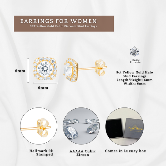 9ct Yellow Gold C/Z Halo 6mm Square Stud Earrings
