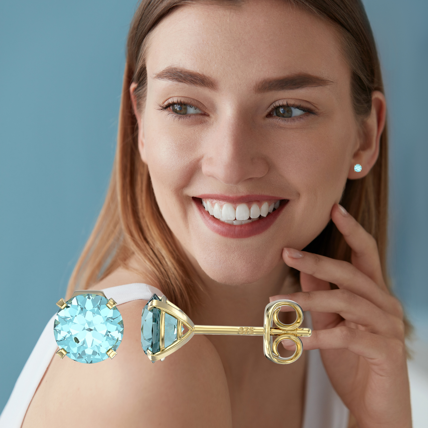 9ct Yellow Gold C/Z Blue Sapphire 5mm Stud Earrings and Aquamarine Stud Earrings Set Two Pairs Set