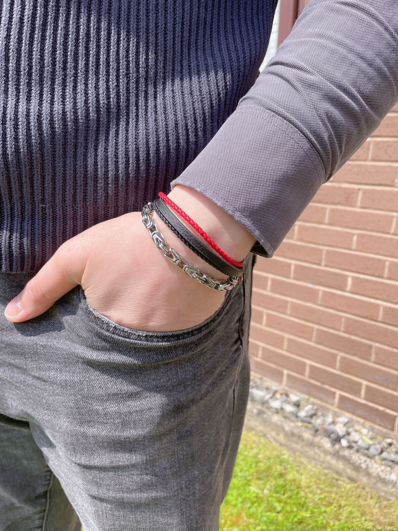 Men’s 4-Layer Stainless Steel Chain Red and Black Braided Leather Bracelet