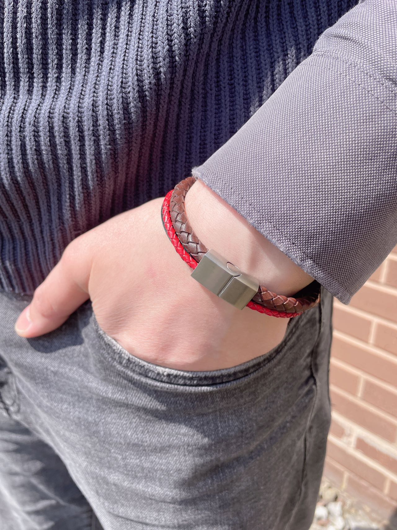 Fashionable 3-Layer Men’s Braised Black Leather Stainless Steel Bracelet