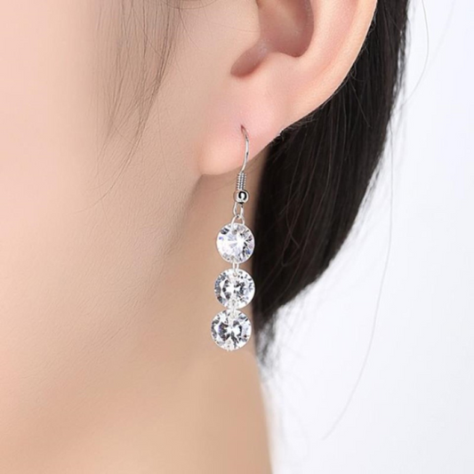 Stunning Three Clear Crystals Drop Wire Hook Earrings