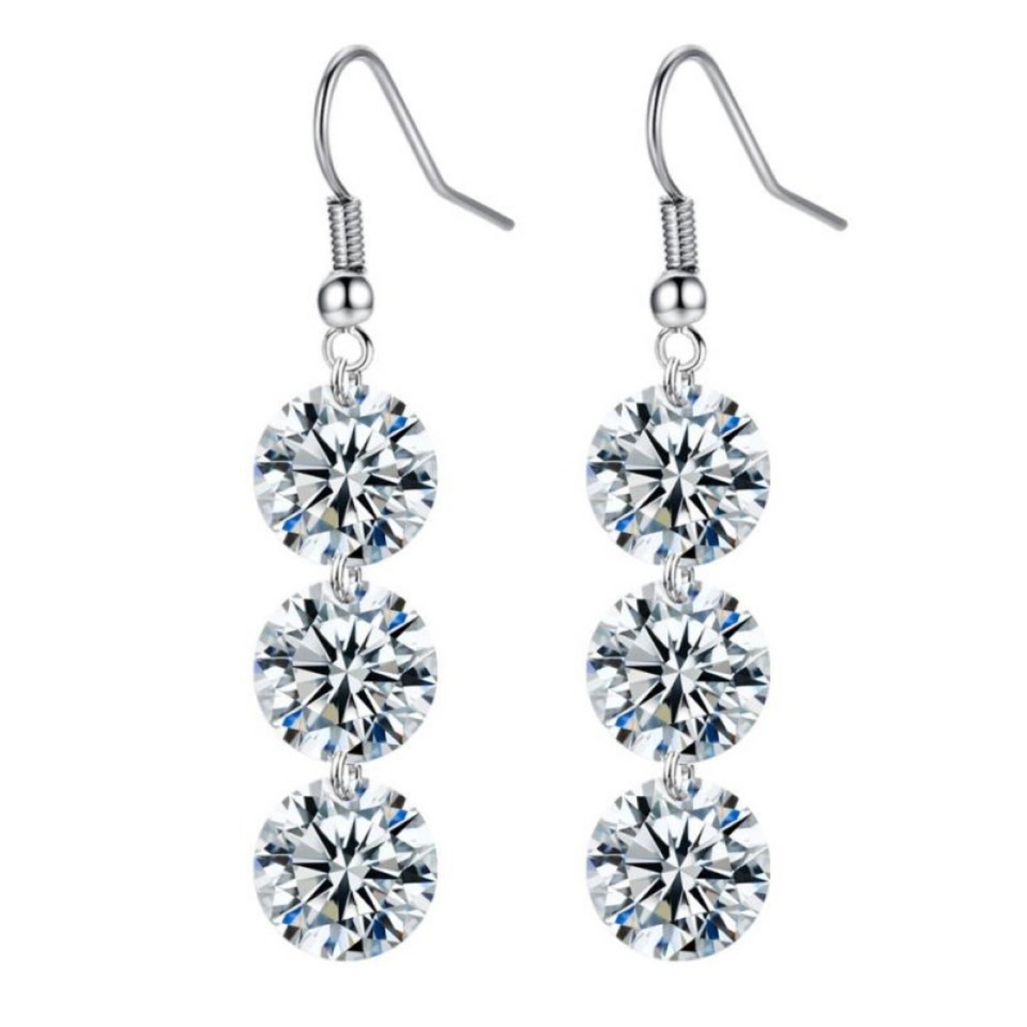 Stunning Three Clear Crystals Drop Wire Hook Earrings