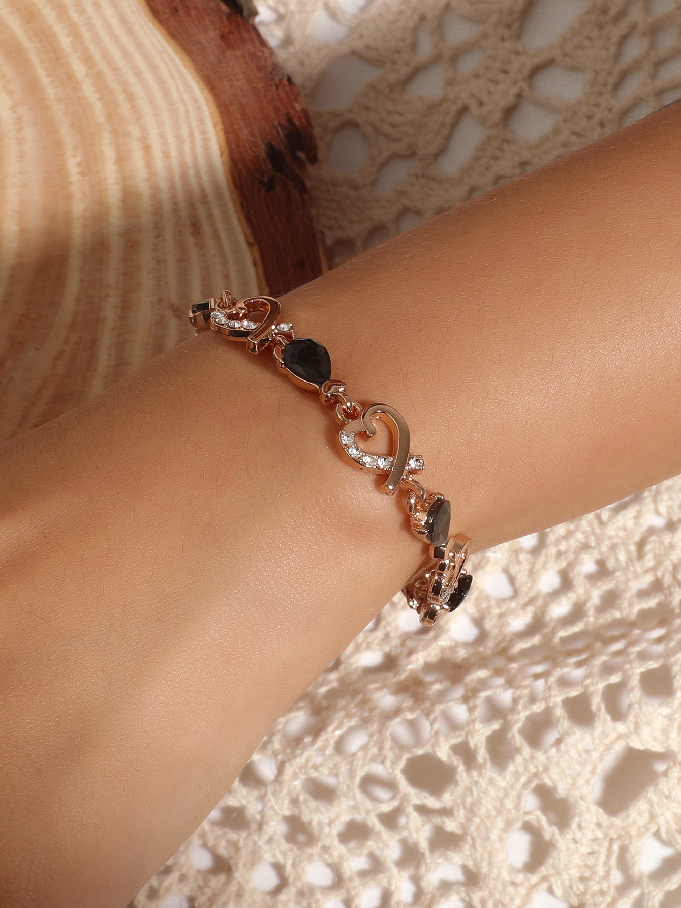 Rose Gold Linked Heart Bracelet with Coloured Stones