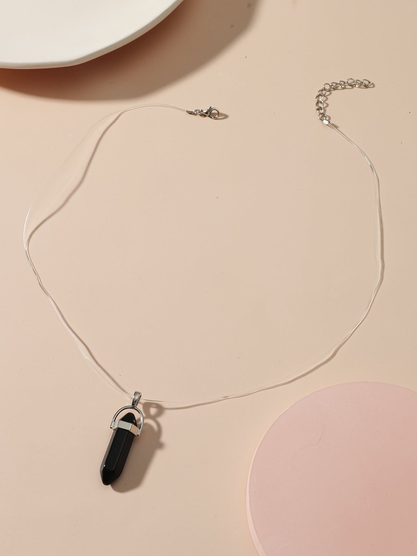 Unisex Black Crystal Stone Hexagon Pillar Single Pendant Necklace