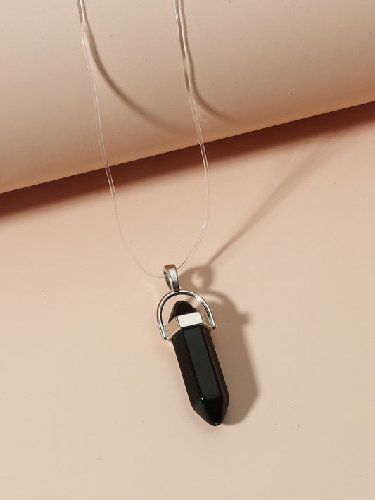 Unisex Black Crystal Stone Hexagon Pillar Single Pendant Necklace