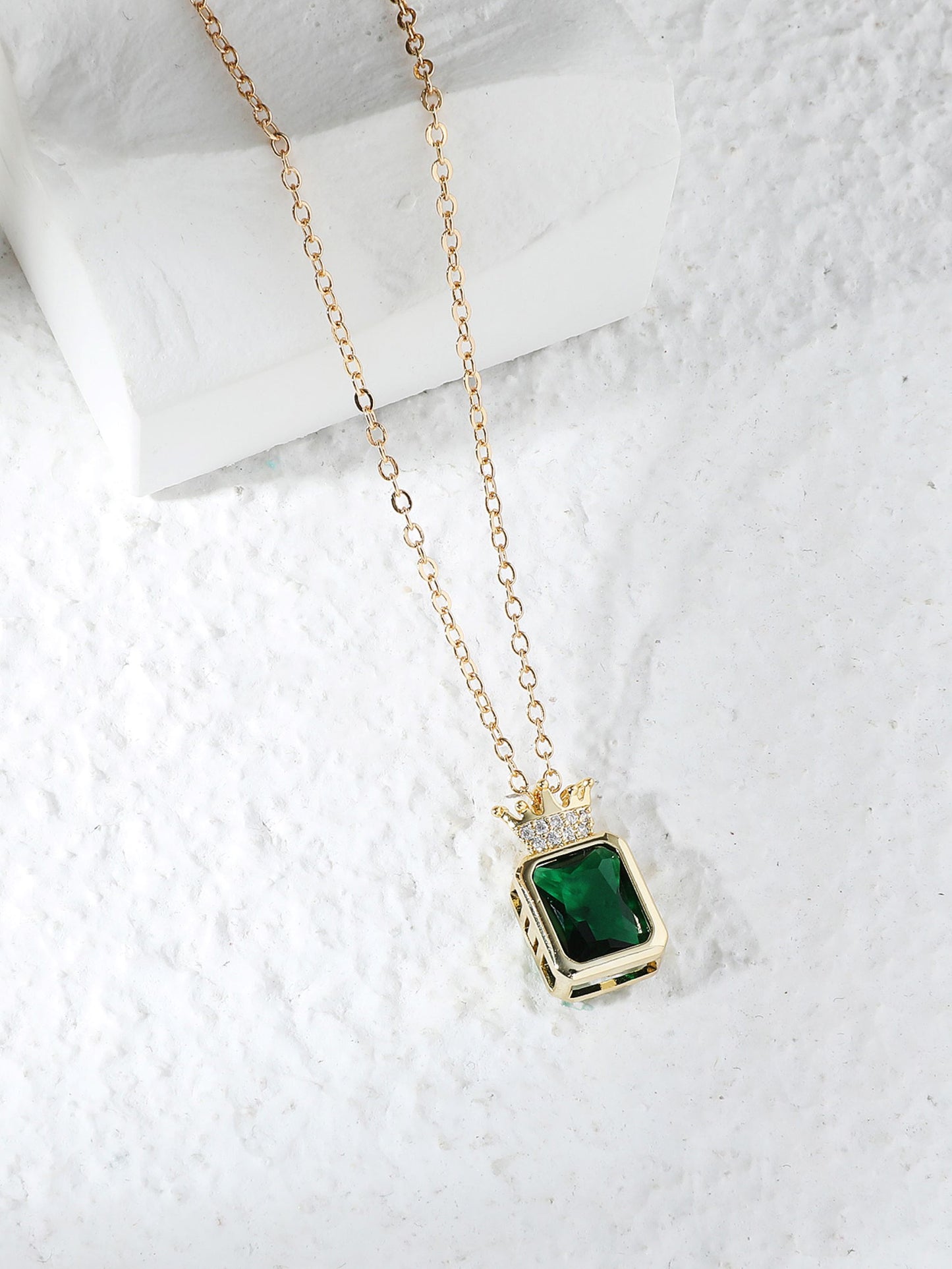 Emerald Crown Green Zircon Crystal Gold Tone Pendant Necklace