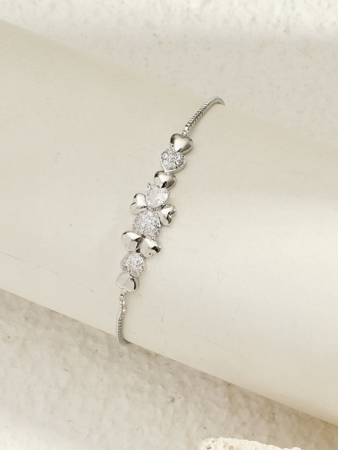 Stunning Silver Four-leaf Clover Linked Heart Crystal Adjustable Bracelet
