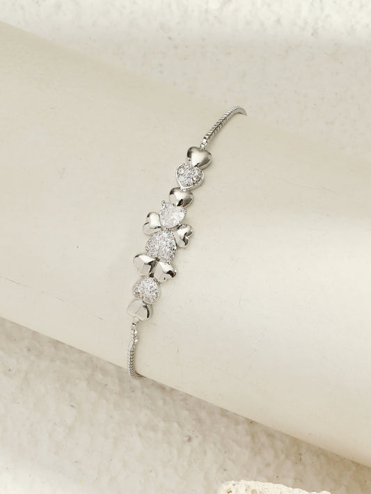 Stunning Silver Four-leaf Clover Linked Heart Crystal Adjustable Bracelet