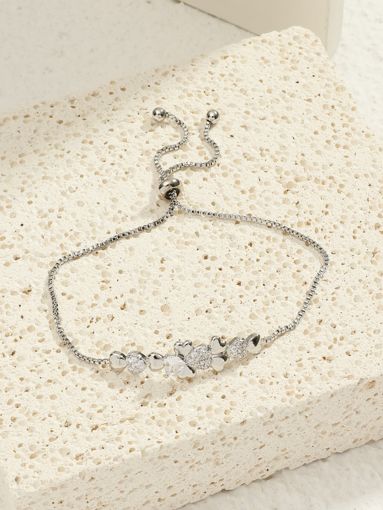 Stunning Silver Four-leaf Clover Linked Heart Crystal Adjustable Bracelet