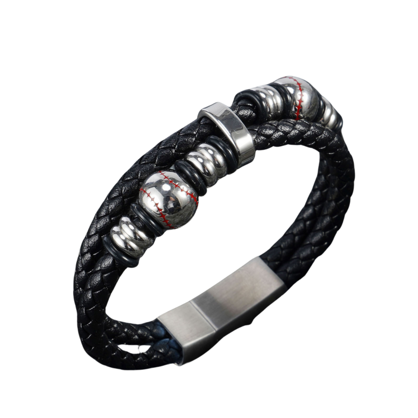 Stylish Men’s Black Leather Beads Bracelet In Baseball Pattern