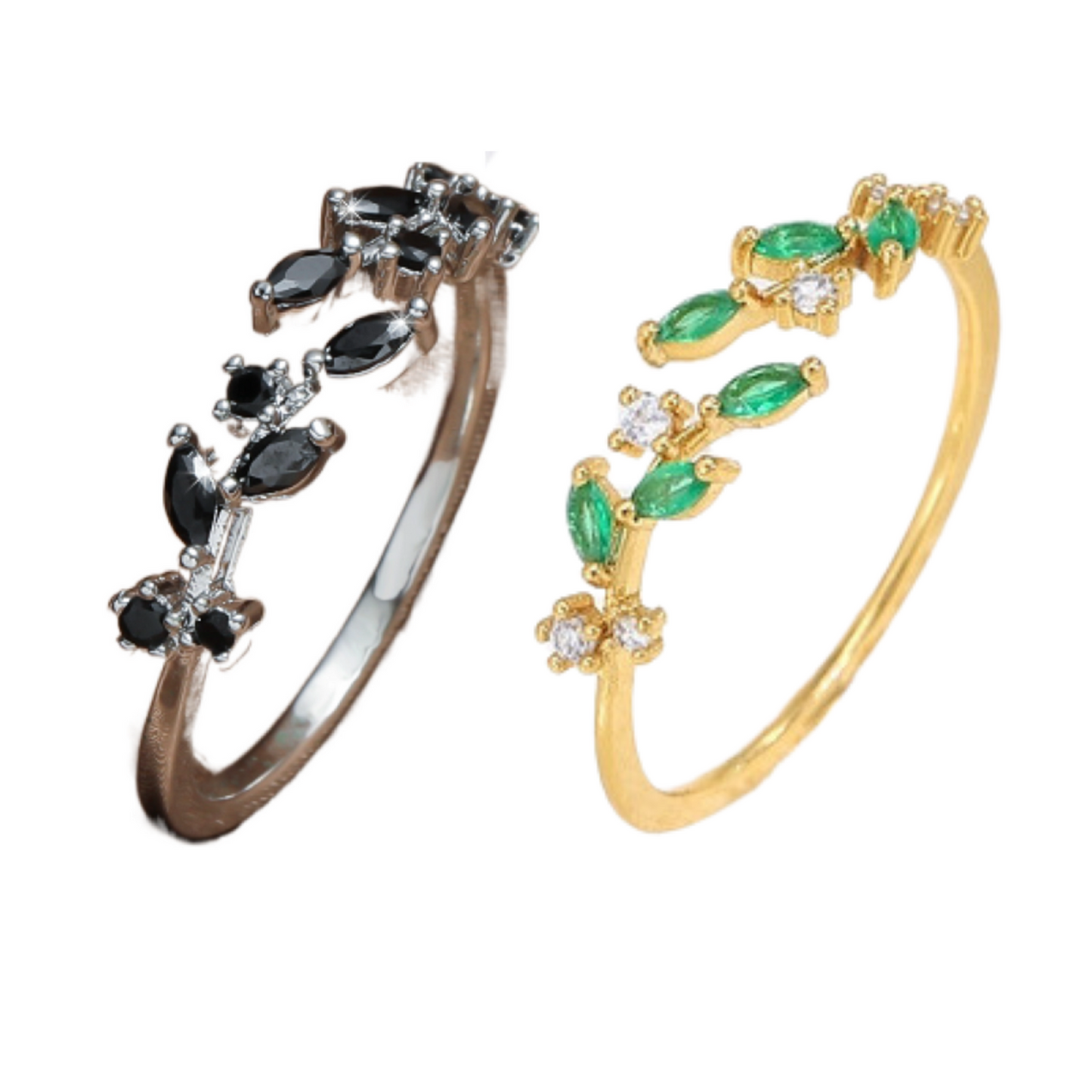 Leaf Black Zircon Crystal Wrap Open Ring Adjustable Silver or Gold