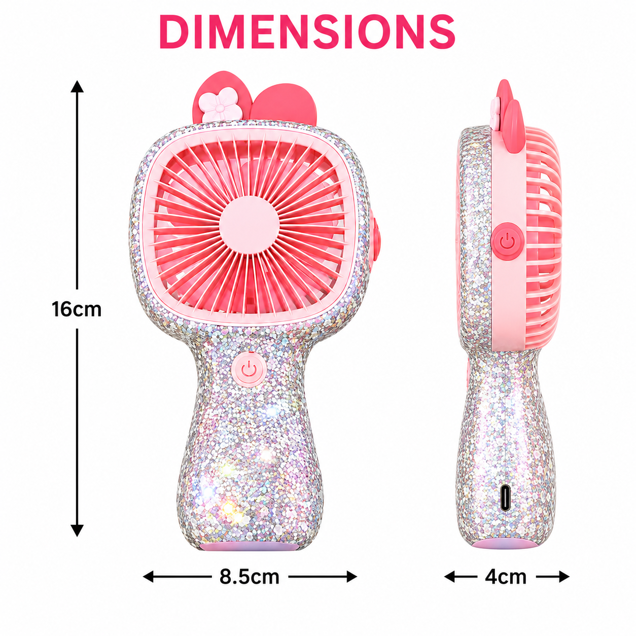 3-Speed Rechargeable Mini Fan with 6 LED Lights Sparkling Diamante Finish Portable Handheld Fan