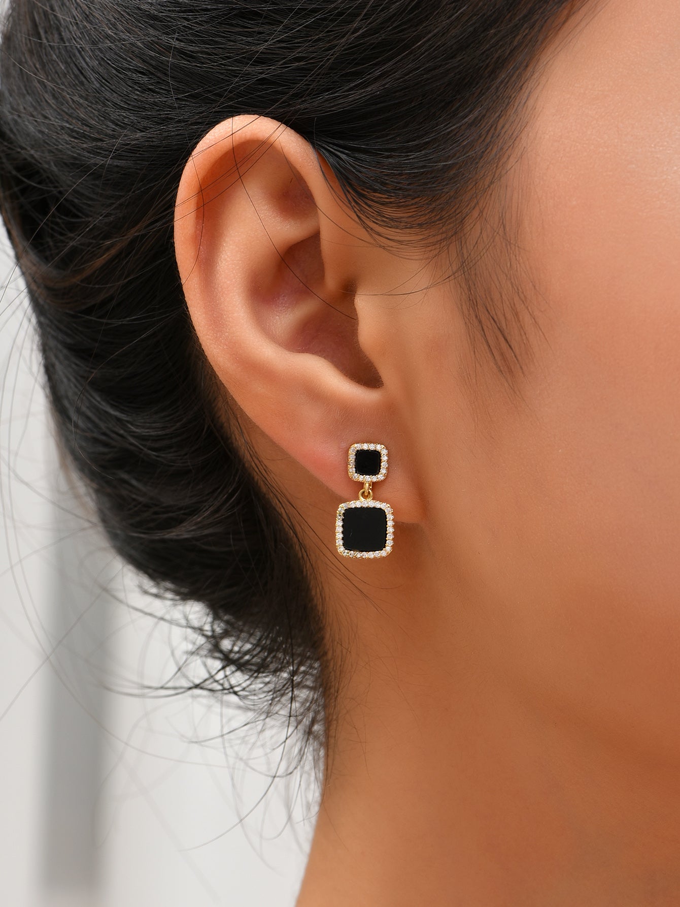 Gold Tone Square Black Drop Earrings Ear Clip Cuff Non Pierced