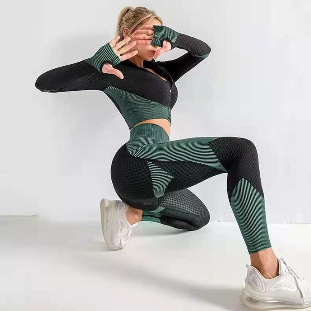 3 Pieces Yoga Gym Set Women Fitness Suit Leggings Jacket Bra in Dark Green & Black