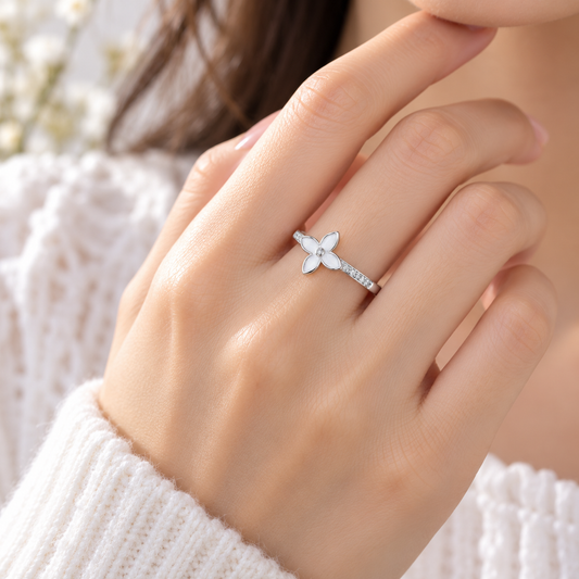 S925 Sterling Silver Clover Four Leaf C/Z Open Adjustable Ring