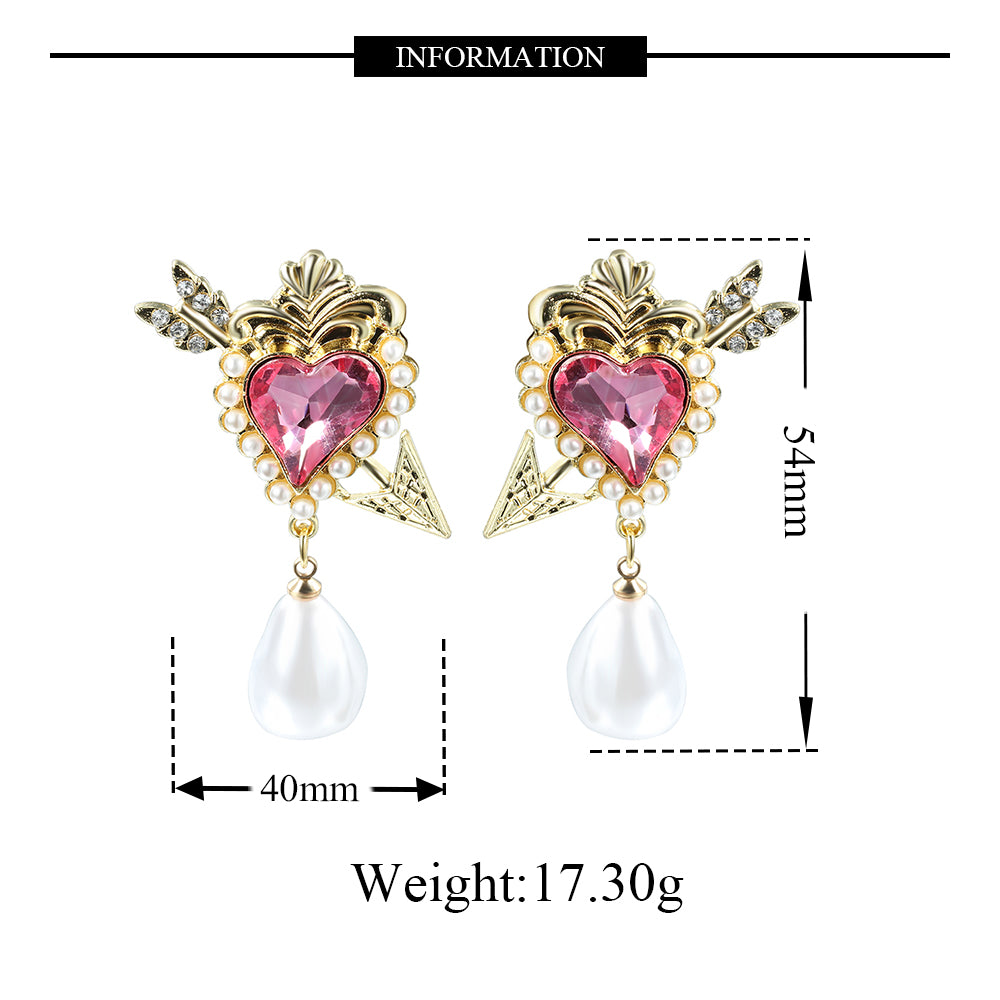 Cupid Arrow Heart Stud Earring with Pink Heart Crystal