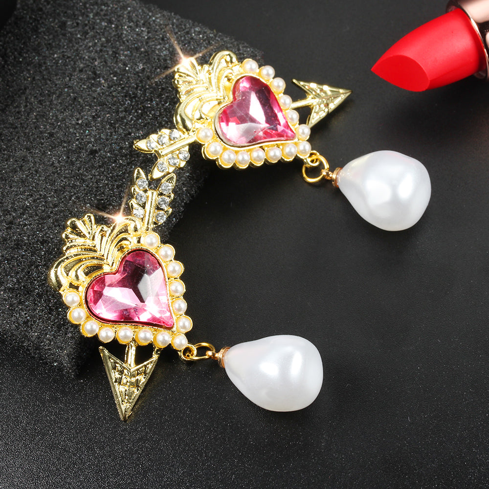 Cupid Arrow Heart Stud Earring with Pink Heart Crystal