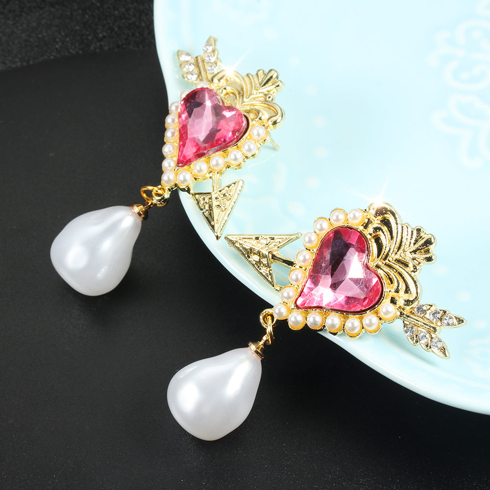 Cupid Arrow Heart Stud Earring with Pink Heart Crystal
