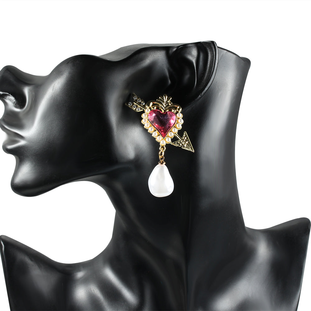 Cupid Arrow Heart Stud Earring with Pink Heart Crystal