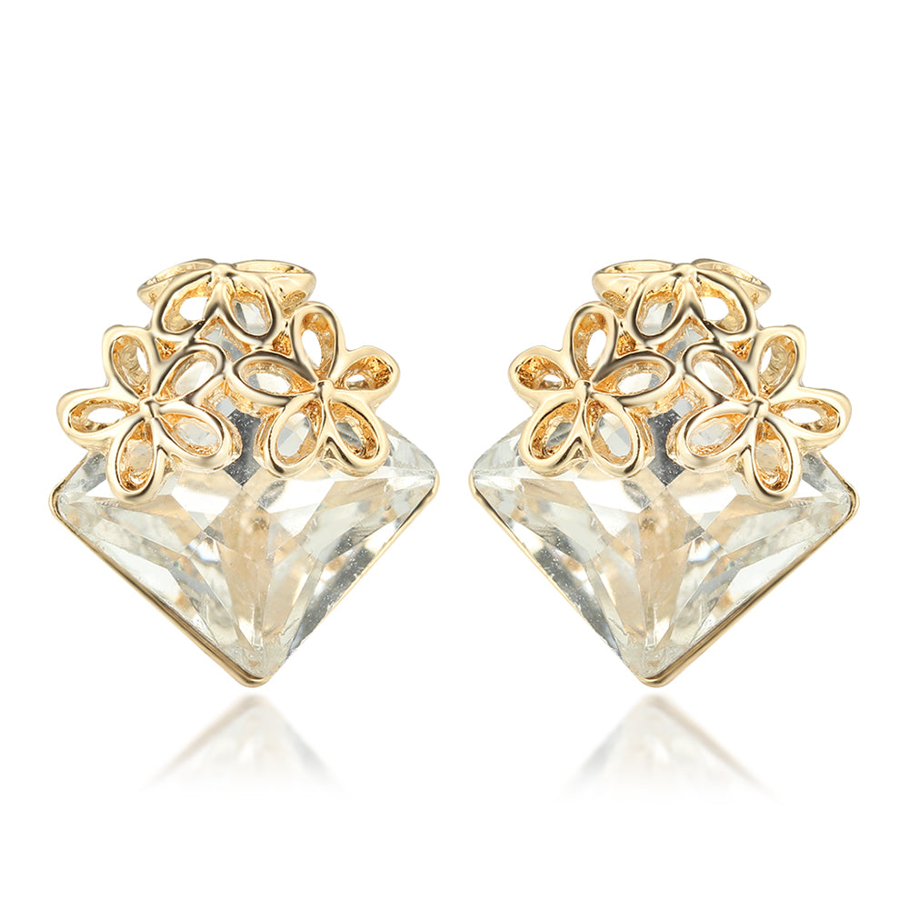 Gold Tone Plated Flower with Square Crystal Earrings