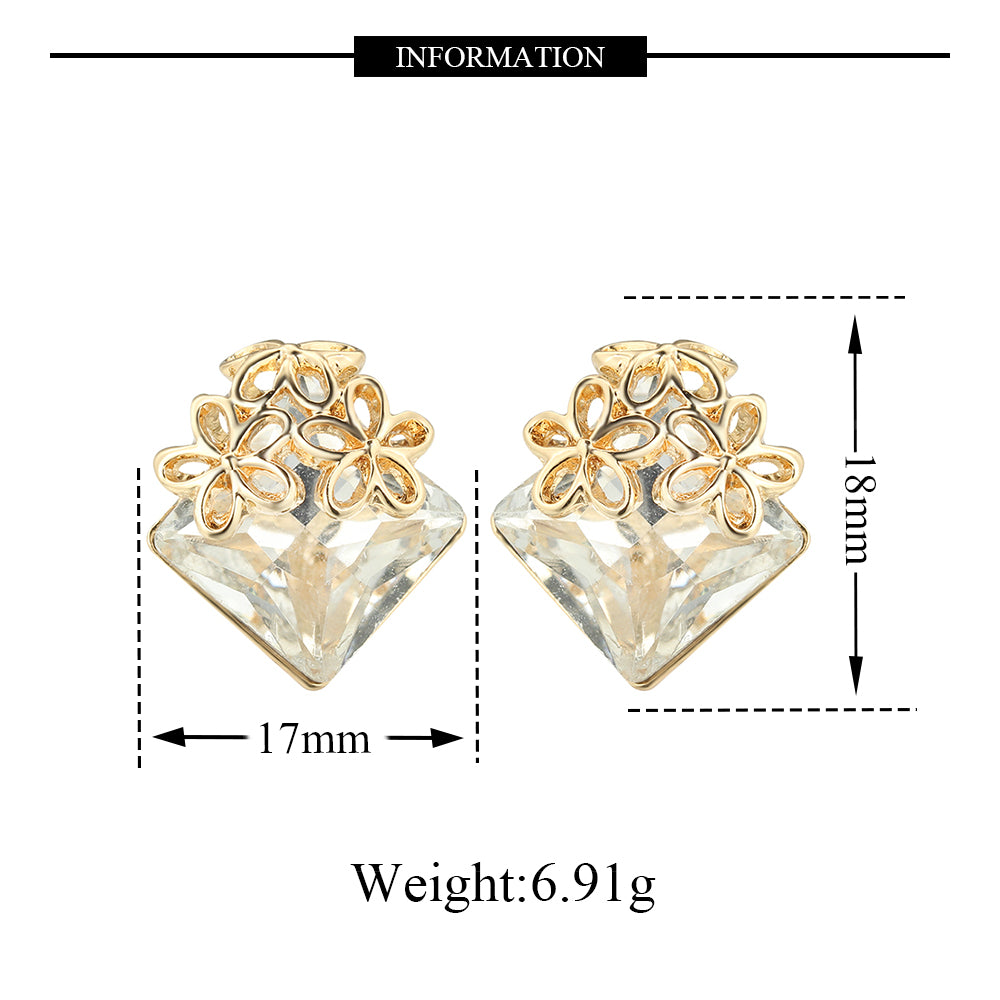 Gold Tone Plated Flower with Square Crystal Earrings