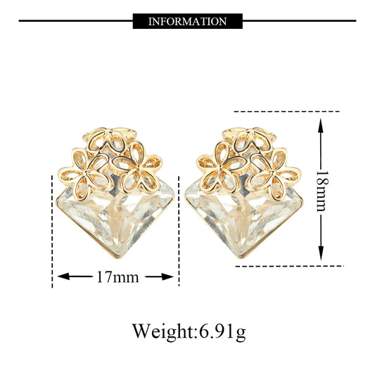 Gold Tone Plated Flower with Square Crystal Earrings
