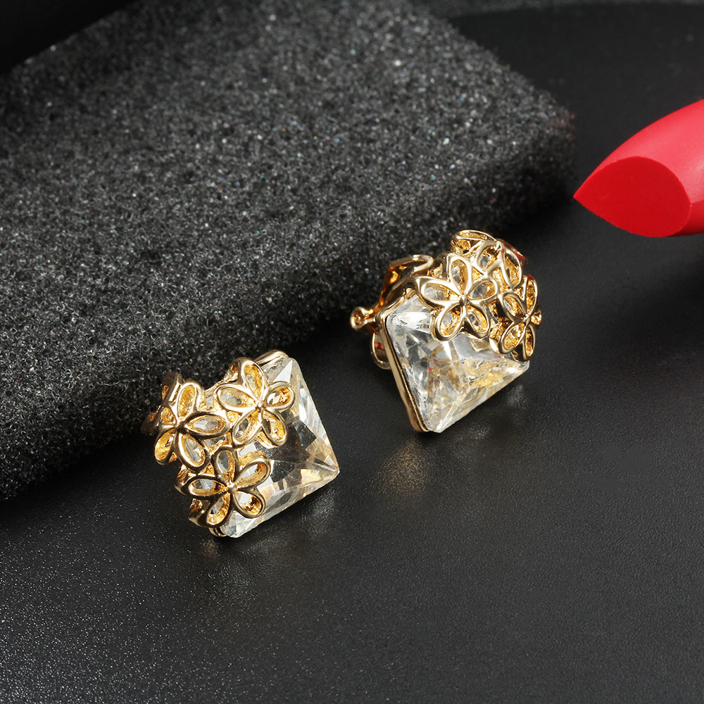 Gold Tone Plated Flower with Square Crystal Earrings