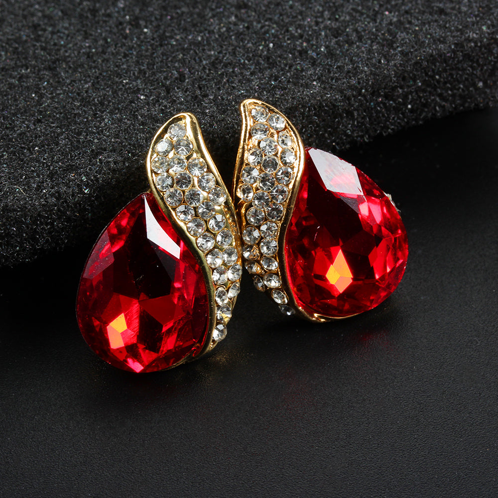 Red Crystal Water Drop Clip on Non Pierced Stud Earrings