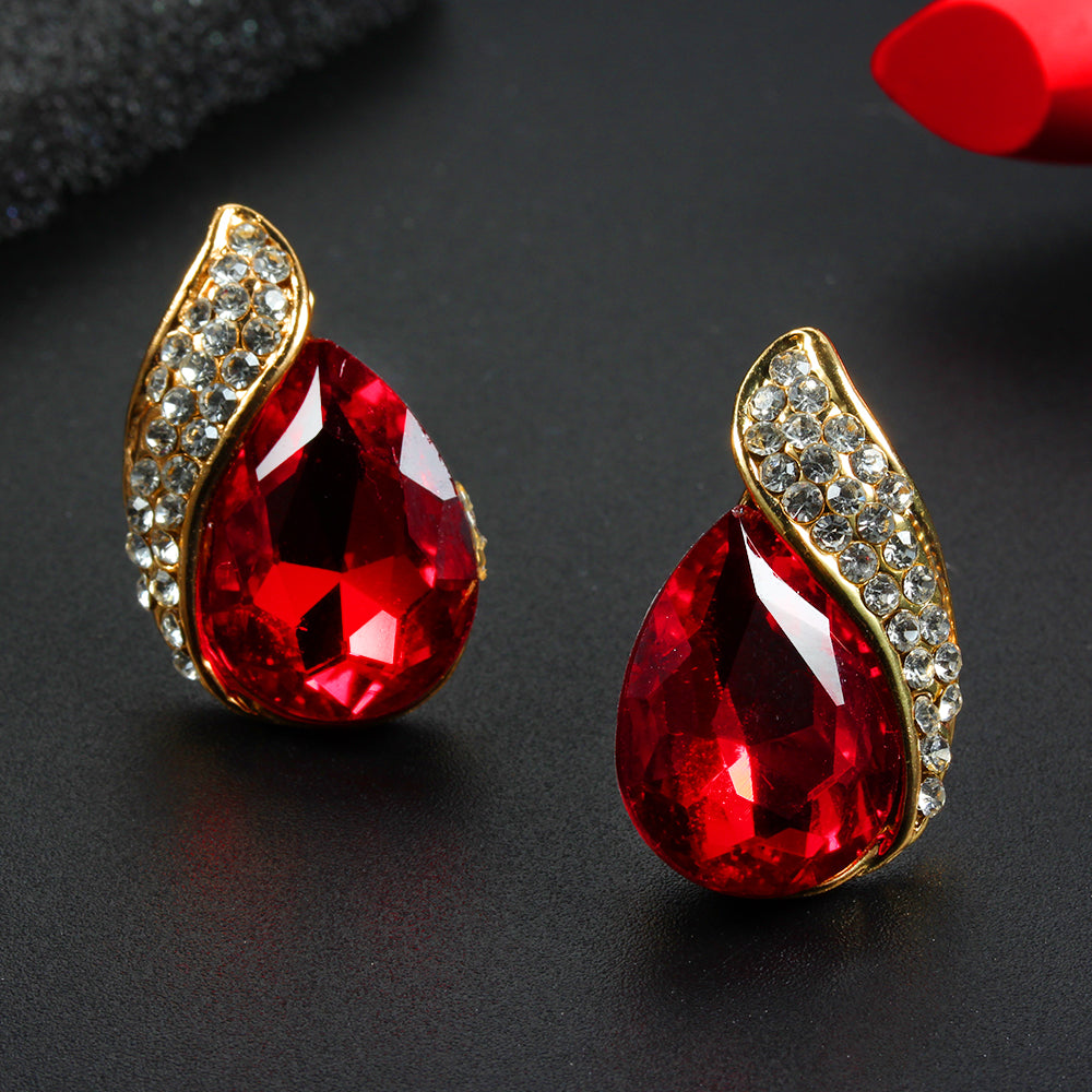 Red Crystal Water Drop Clip on Non Pierced Stud Earrings