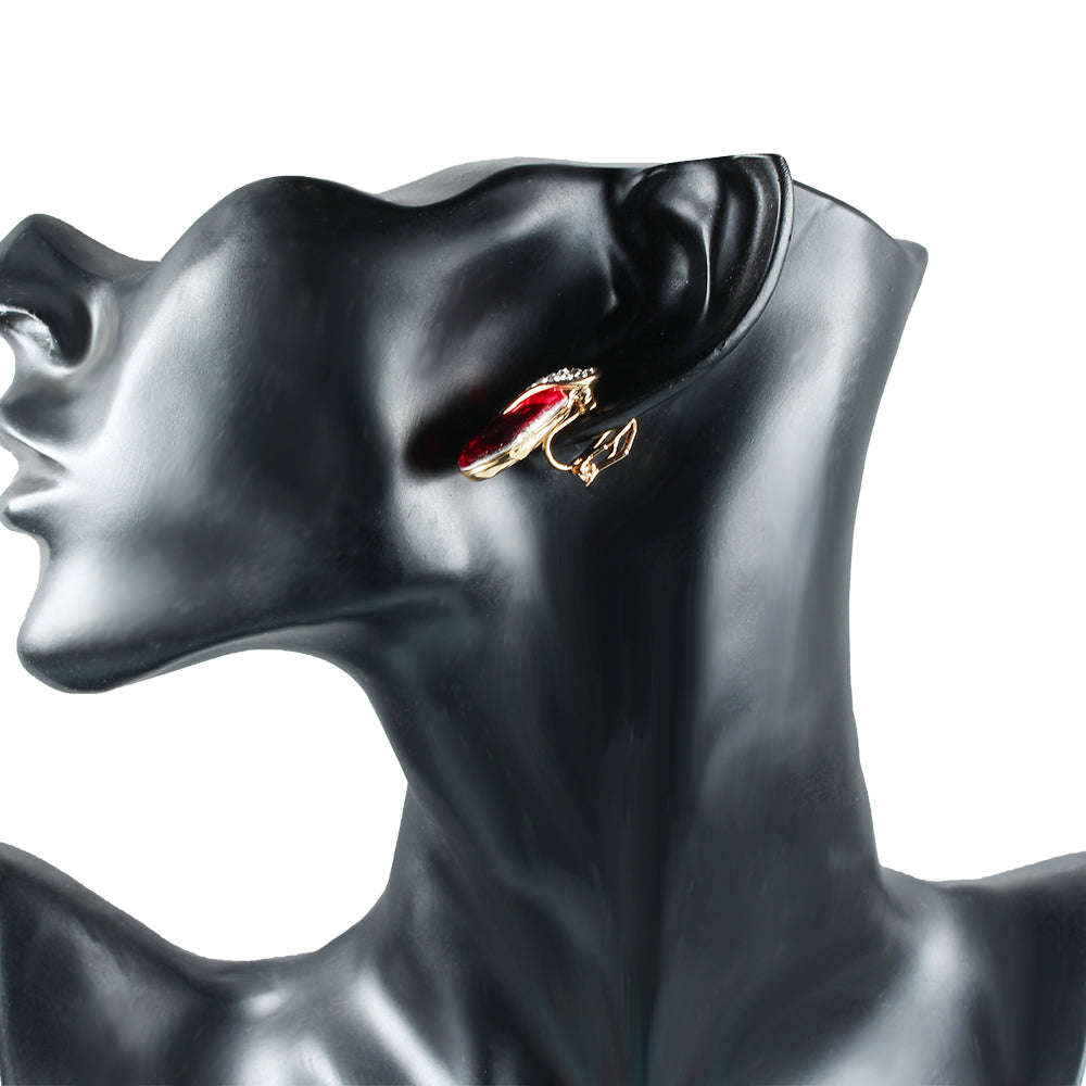 Red Crystal Water Drop Clip on Non Pierced Stud Earrings