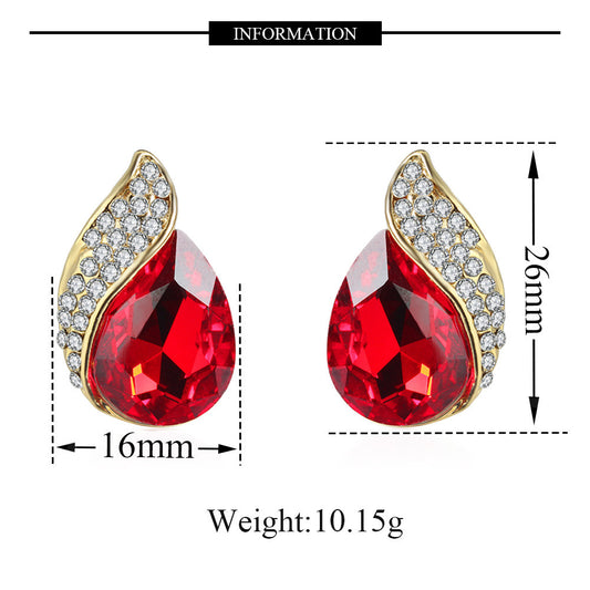 Red Crystal Water Drop Clip on Non Pierced Stud Earrings