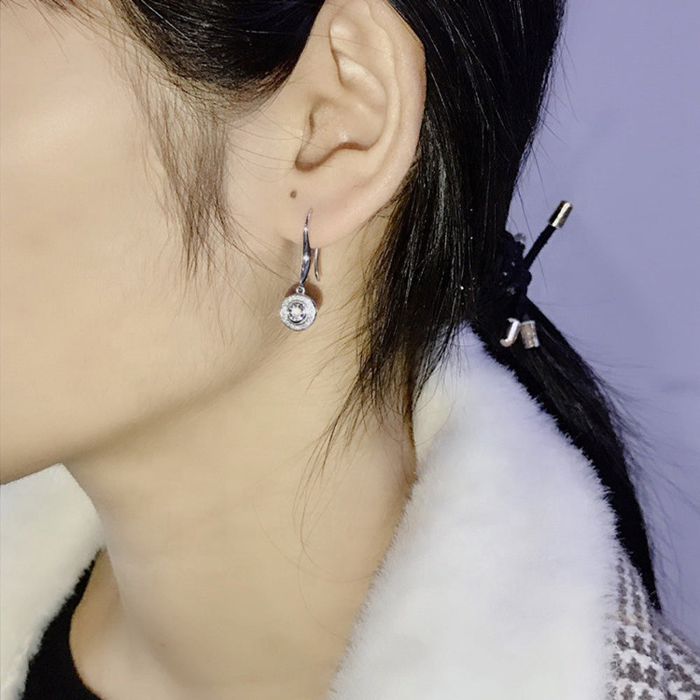 Sparkly Round Cubic Zirconia Silver Tone Hook Drop Earrings