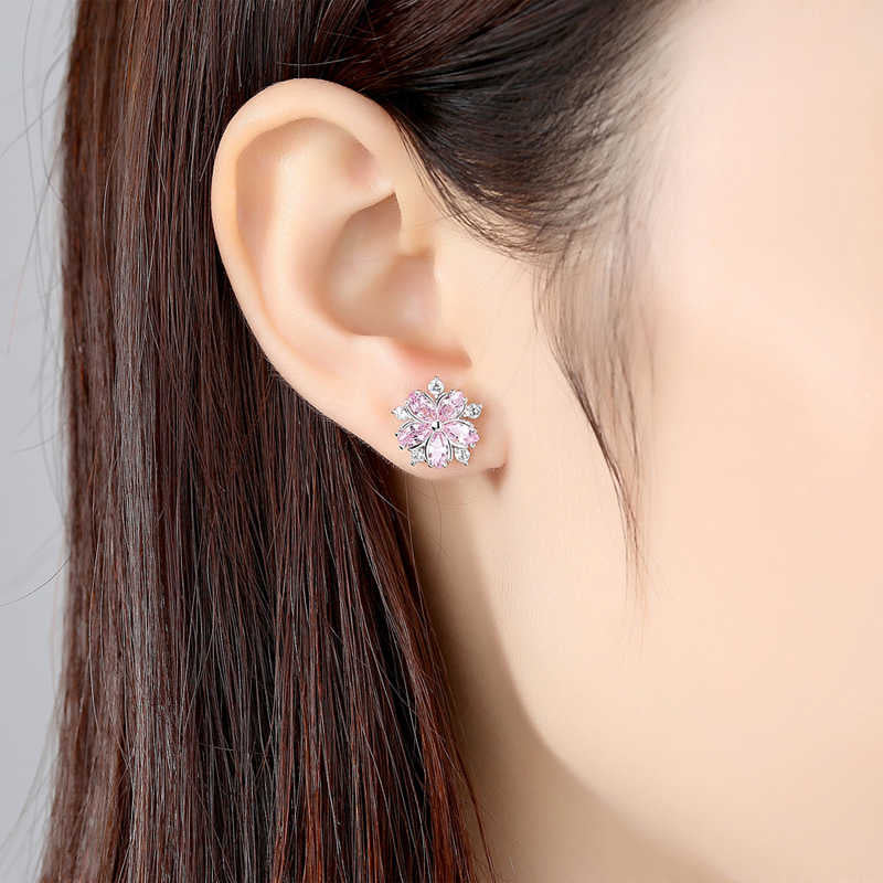 S925 Sterling Silver Pink Flower Stud Earrings