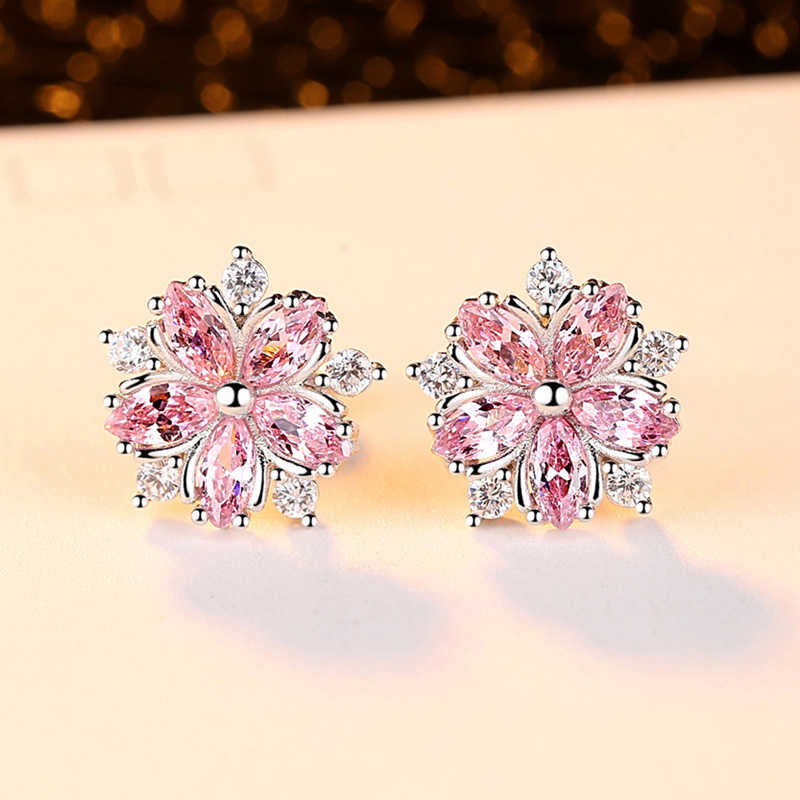 S925 Sterling Silver Pink Flower Stud Earrings
