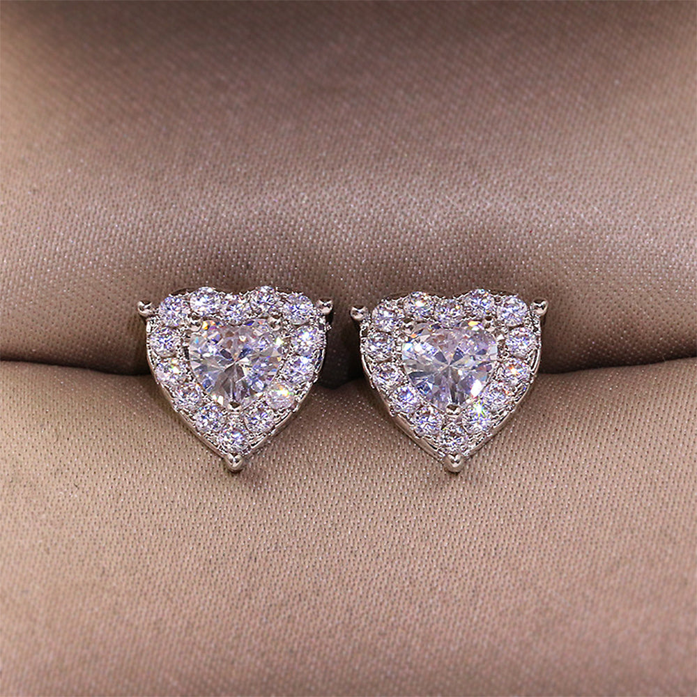 Glistering Crystal-Filled Heart Silver Studs Earrings