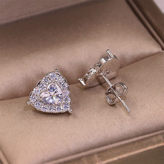 Glistering Crystal-Filled Heart Silver Studs Earrings