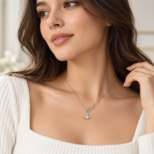 S925 Sterling Silver Vivienne Westwood Inspired Diamante Pin Orb C/Z Pendant Necklace