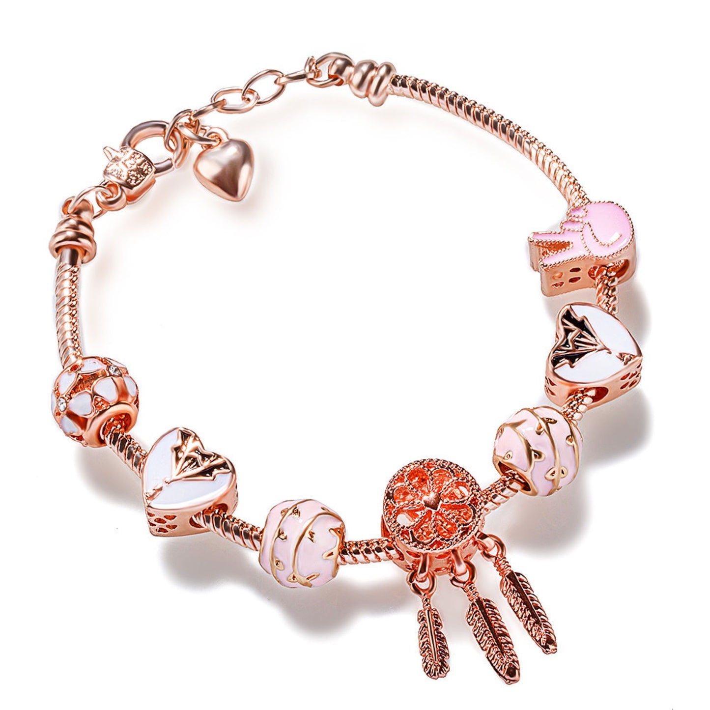Rose Gold Tone Pink Hollow Dreamcatcher Charm Bracelet