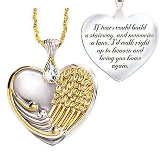 Heart-Shaped Two Tone Angel Wing Pendant Necklace