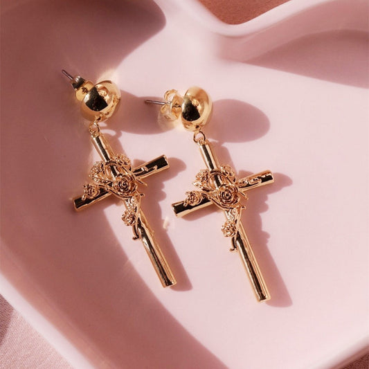Rose Gold Tone Rose flower Cross drop earrings