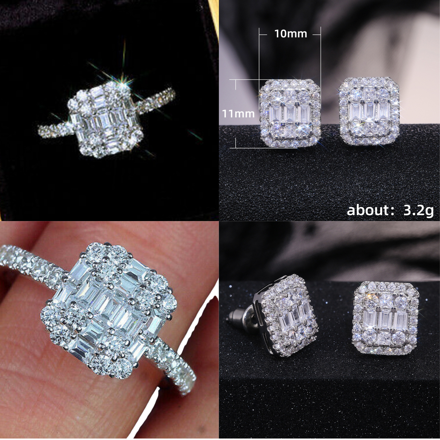 Earrings and Princess Ring Set with Square Cubic Zirconia Crystals