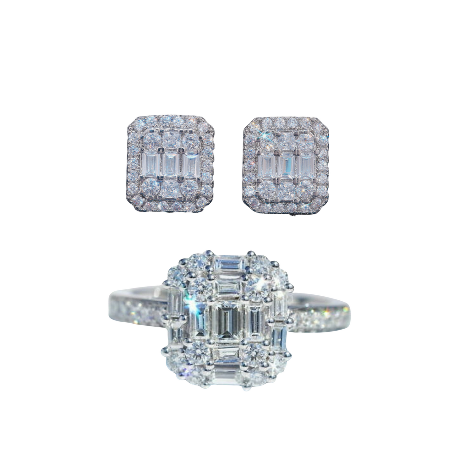Earrings and Princess Ring Set with Square Cubic Zirconia Crystals