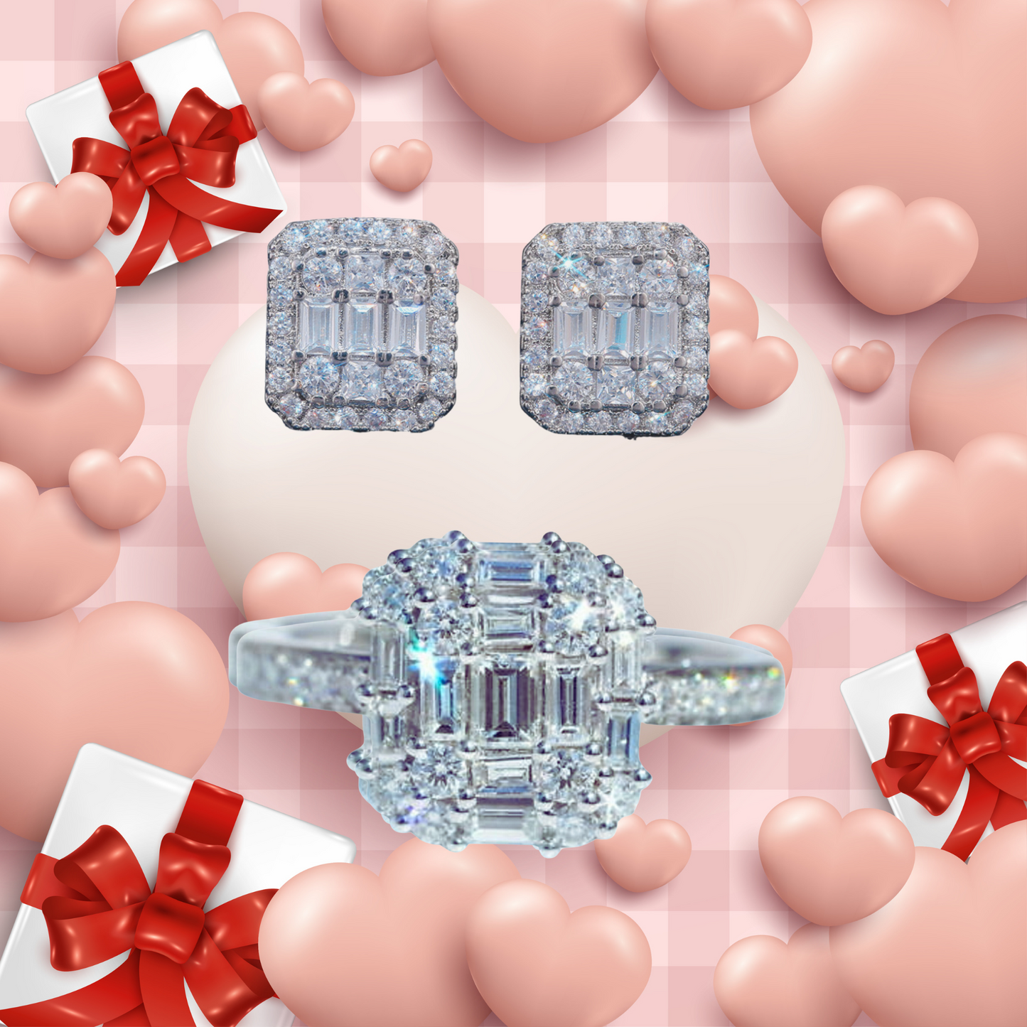 Earrings and Princess Ring Set with Square Cubic Zirconia Crystals