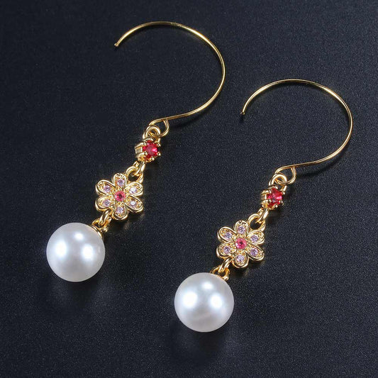 Gold Tone Red Crystal Pearl Drop Dangle earrings
