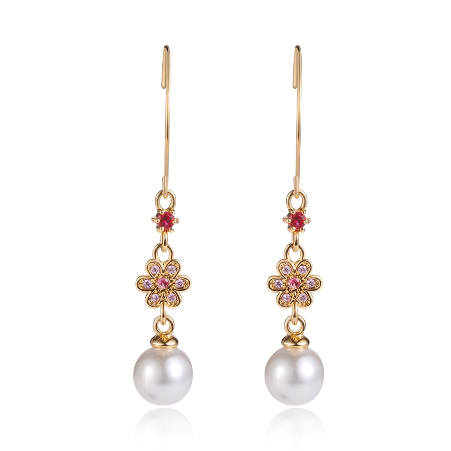 Gold Tone Red Crystal Pearl Drop Dangle earrings