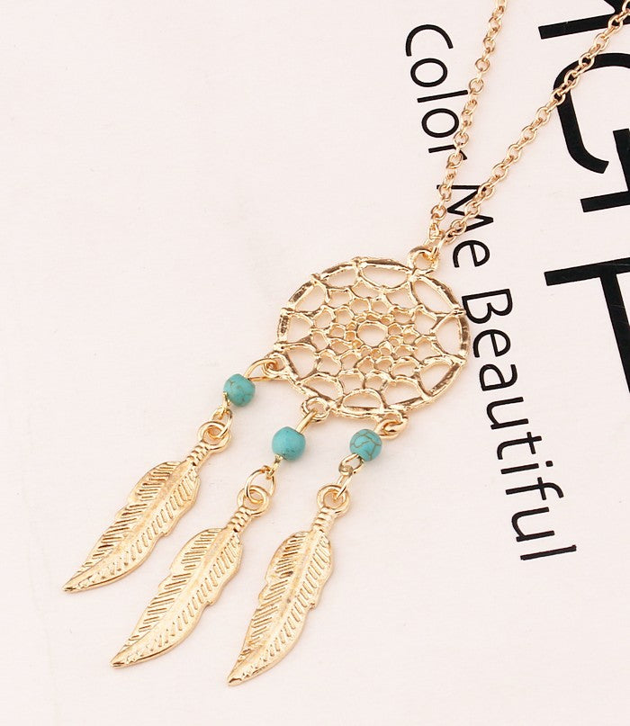 Gold Tone Dream Catcher Blue stone feather clavicle Necklace Pendant