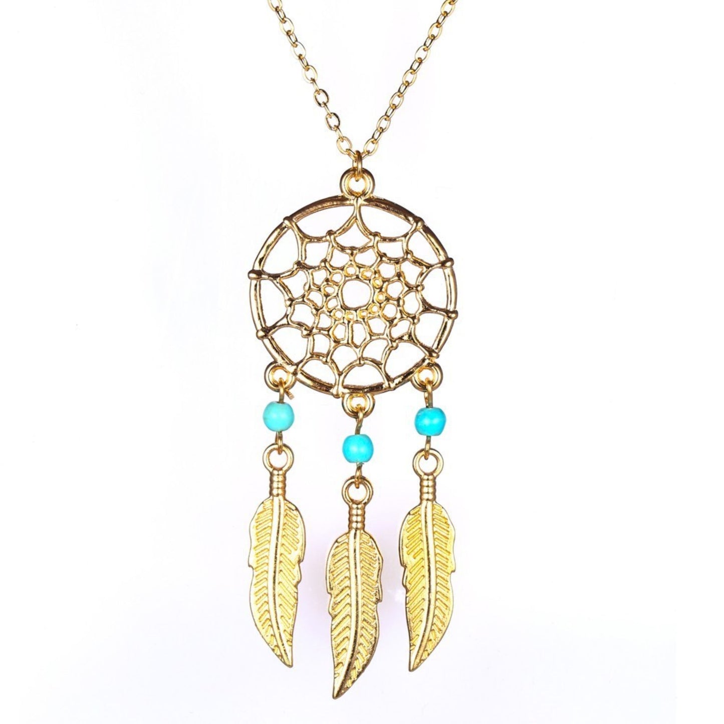 Gold Tone Dream Catcher Blue stone feather clavicle Necklace Pendant