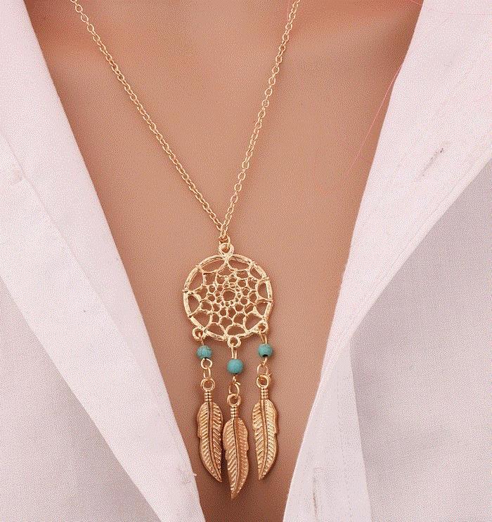 Gold Tone Dream Catcher Blue stone feather clavicle Necklace Pendant