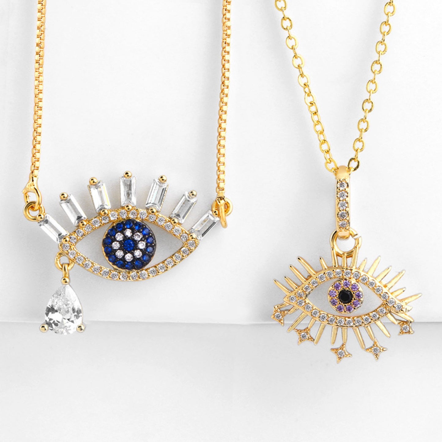 Evil Eyes Blue Purple Zircon Crystals Filled Pendant Necklace